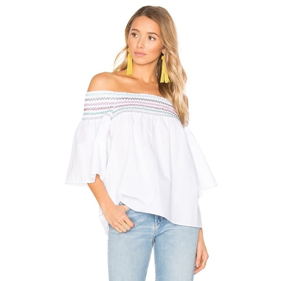 Parker White Off the Shoulder Multicolor Embroidery Smocked Yasmin Blouse Size S - Picture 1 of 12
